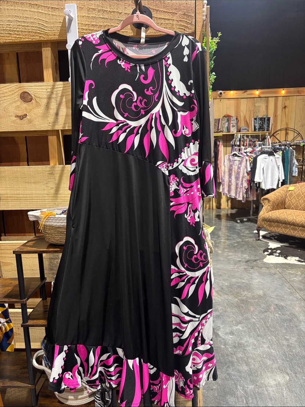 Celeste Black Dress with Hot Pink & White Swirl Print Long Sleeve